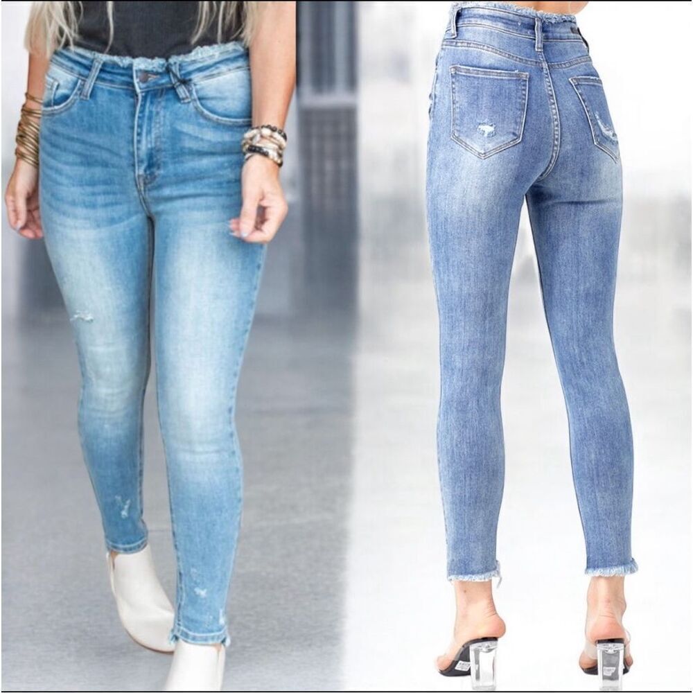 Risen High Rise Frayed Waist Vintage Wash Skinny Jeans Size 1XL